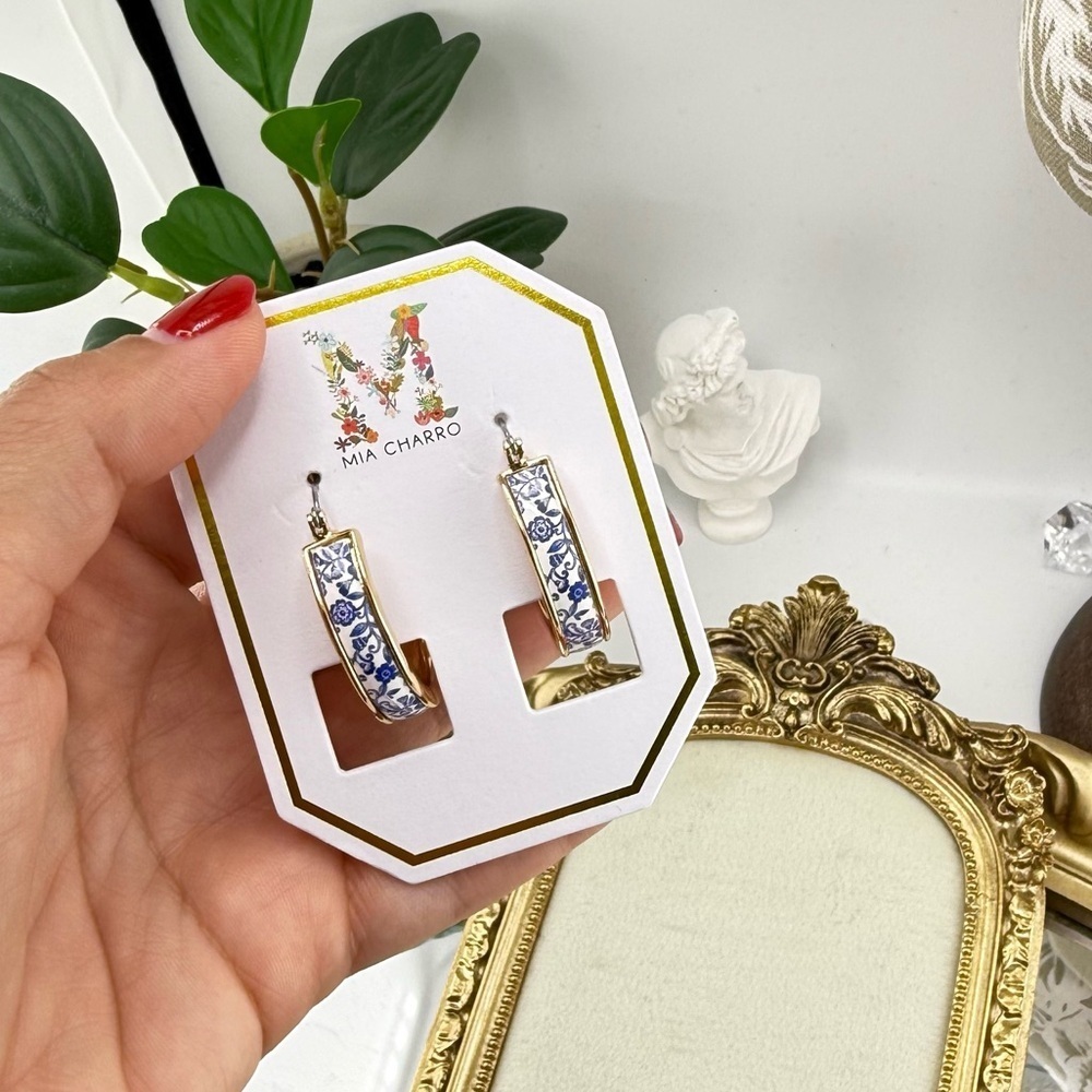 Mia Charro Blue & White Floral Enamel Hoop Earrings - Picture 7 of 10